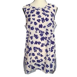 CAbi Cream and Blue Floral Stripe Sleeveless Tunic M